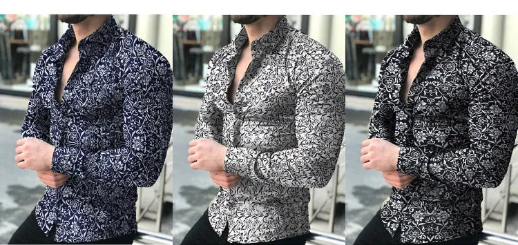 Men's Casual Floral Printed Pattern Turn Down Collar Long Sleeve Shirt