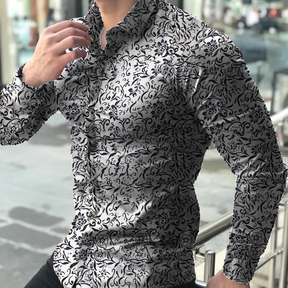 Men's Casual Floral Printed Pattern Turn Down Collar Long Sleeve Shirt