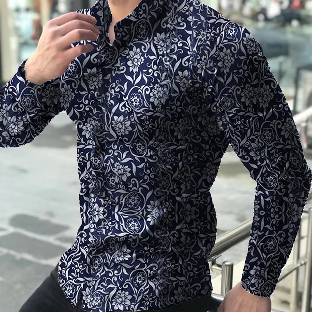 Men's Casual Floral Printed Pattern Turn Down Collar Long Sleeve Shirt