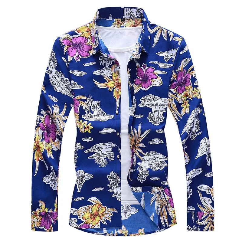 Men's Flower Printed Turn-Down Collar Casual Slim Long Sleeve Shirt