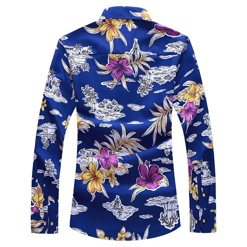 Men's Flower Printed Turn-Down Collar Casual Slim Long Sleeve Shirt