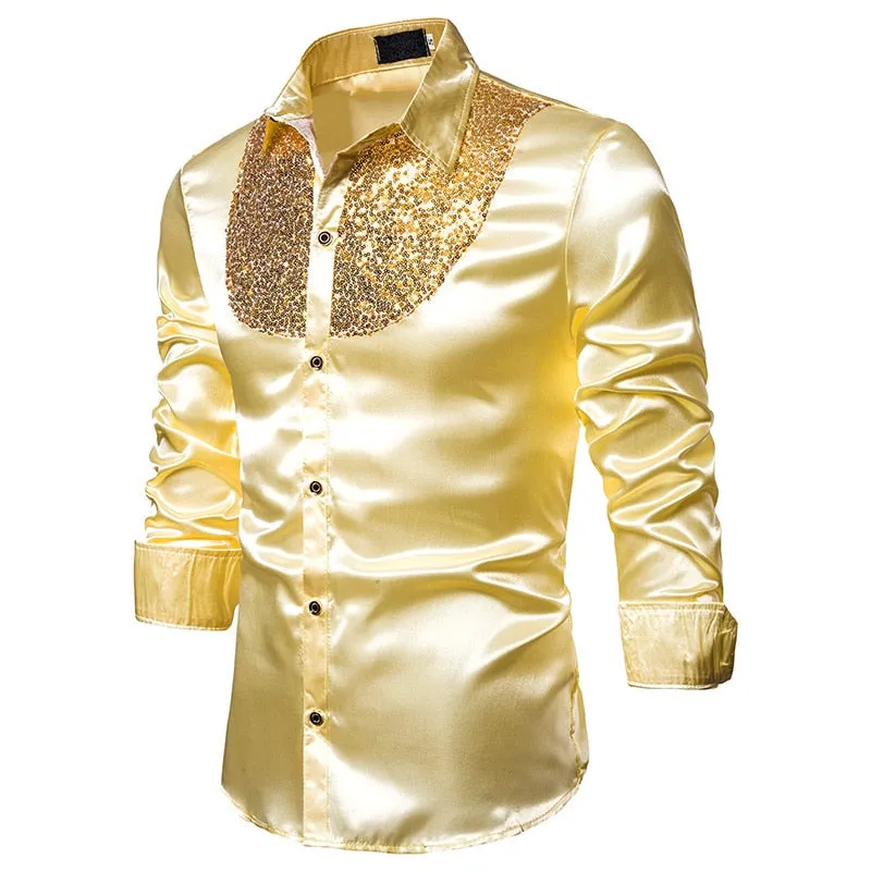 Men's Polyester Sequin Glitter Turn-down Collar Long Sleeve Casual Shirt