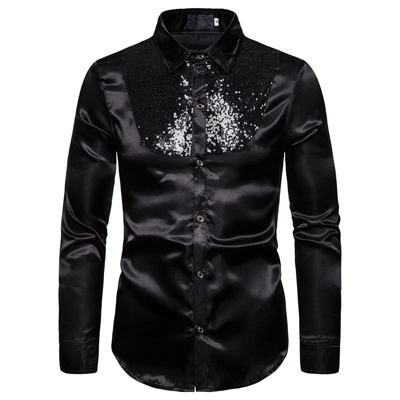 Men's Polyester Sequin Glitter Turn-down Collar Long Sleeve Casual Shirt