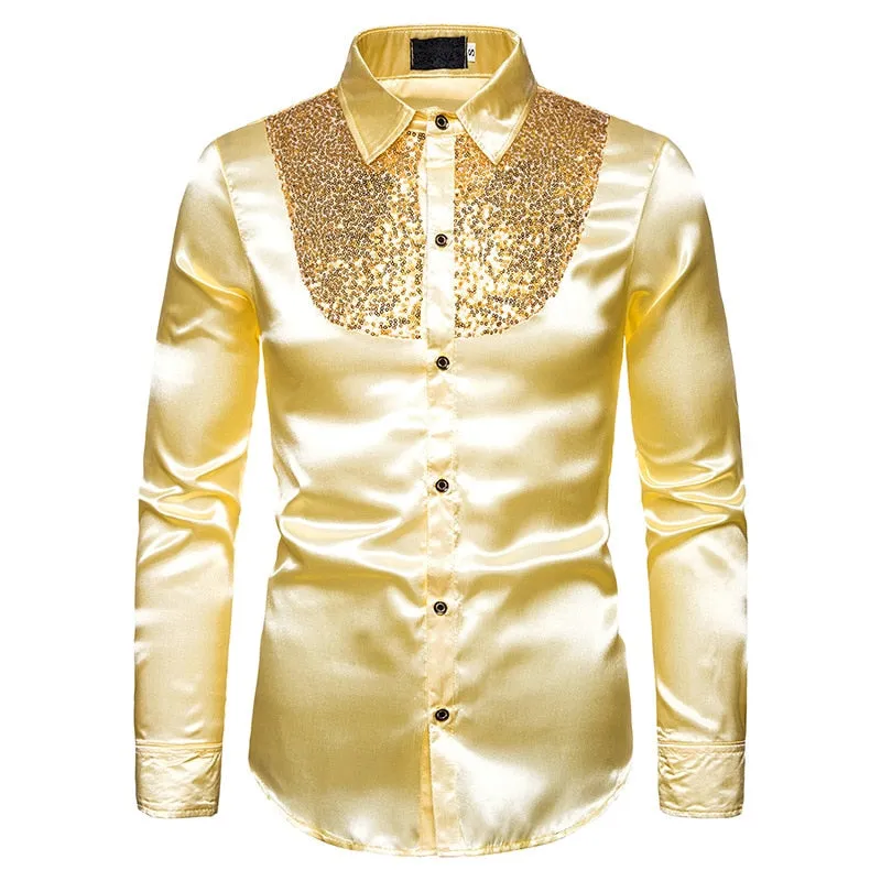 Men's Polyester Sequin Glitter Turn-down Collar Long Sleeve Casual Shirt