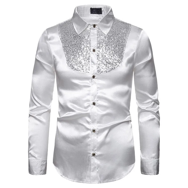 Men's Polyester Sequin Glitter Turn-down Collar Long Sleeve Casual Shirt