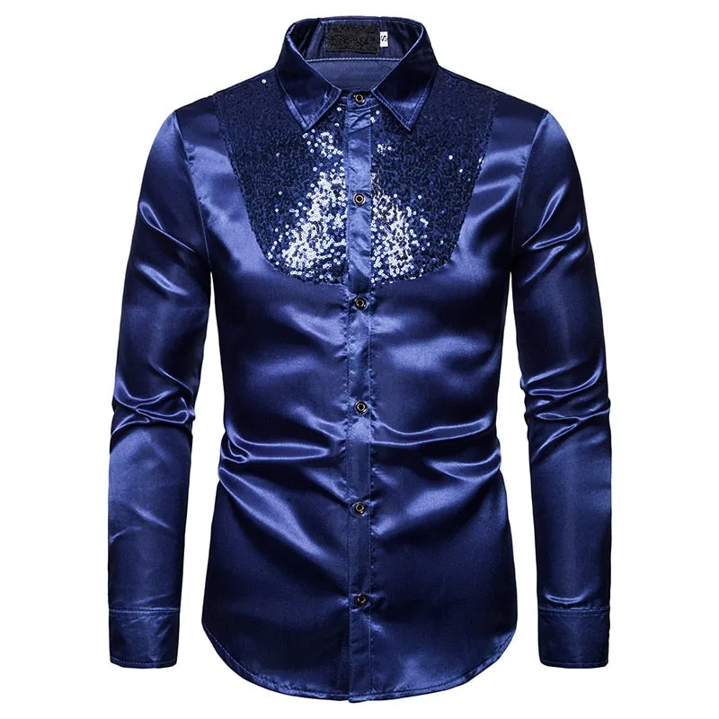 Men's Polyester Sequin Glitter Turn-down Collar Long Sleeve Casual Shirt