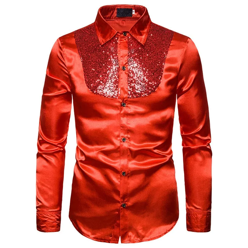 Men's Polyester Sequin Glitter Turn-down Collar Long Sleeve Casual Shirt