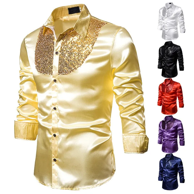 Men's Polyester Sequin Glitter Turn-down Collar Long Sleeve Casual Shirt