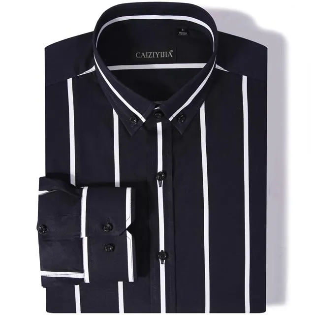 Men's Standard Fit Button Down Stylish Color Block Striped Cotton Shirts