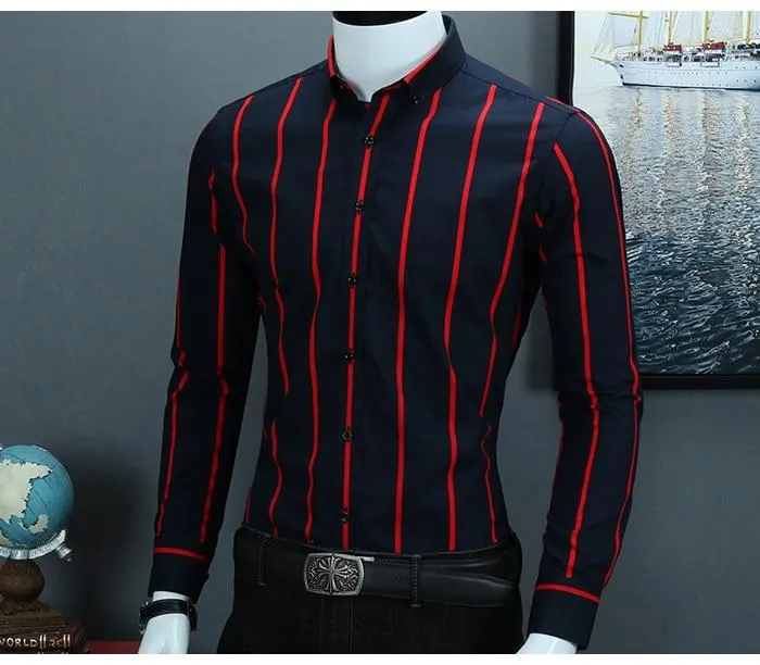 Men's Standard Fit Button Down Stylish Color Block Striped Cotton Shirts