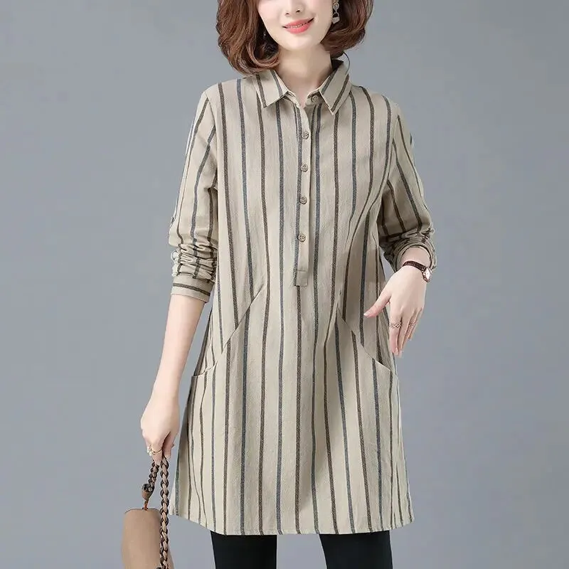 Midi Shirt Turn-down Collar Loose Autumn Long Sleeve Pockets Blouse