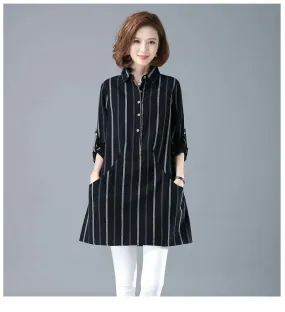 Midi Shirt Turn-down Collar Loose Autumn Long Sleeve Pockets Blouse