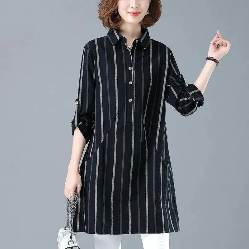 Midi Shirt Turn-down Collar Loose Autumn Long Sleeve Pockets Blouse