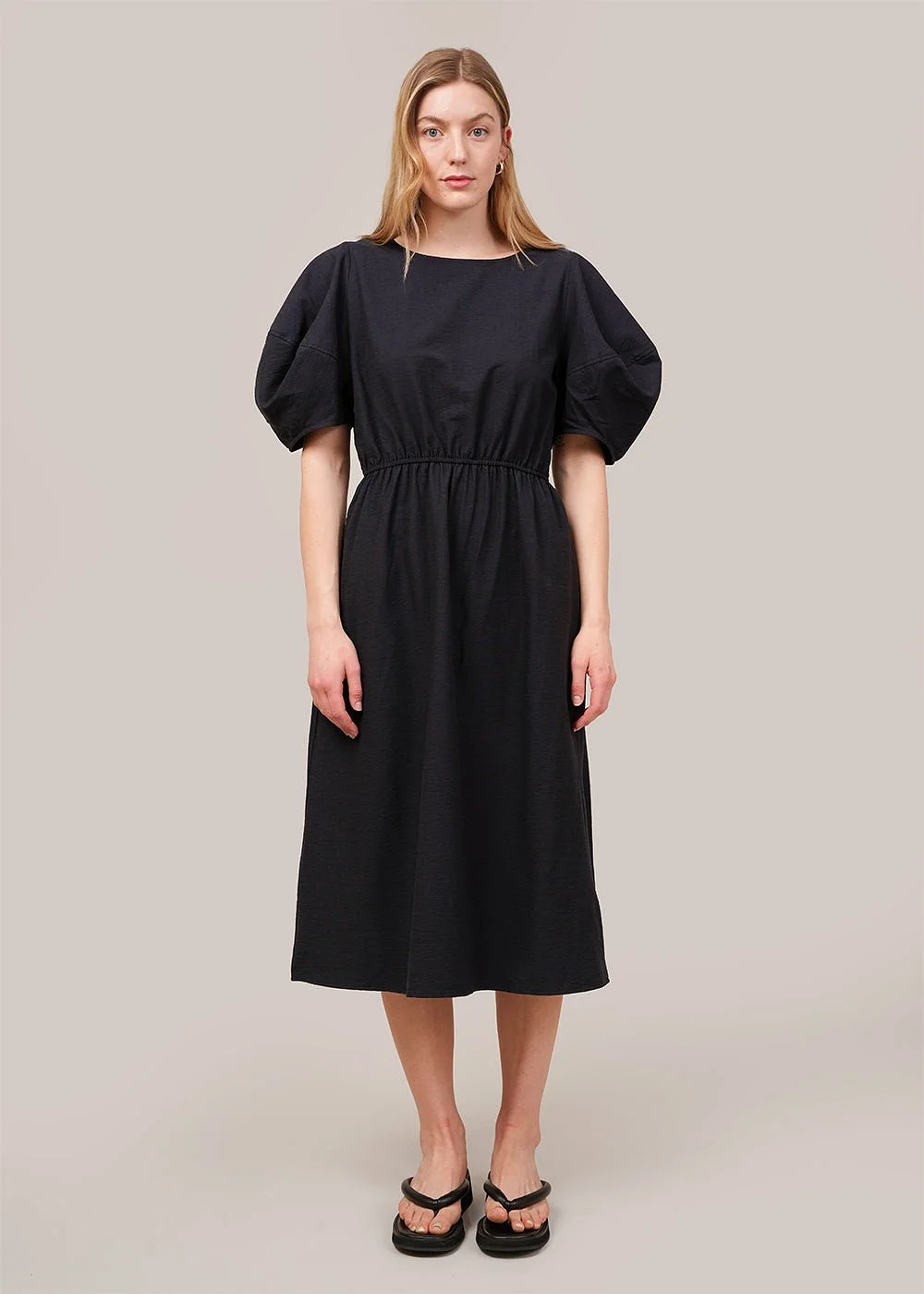 Navy Balloon Sleeve Midi Dress