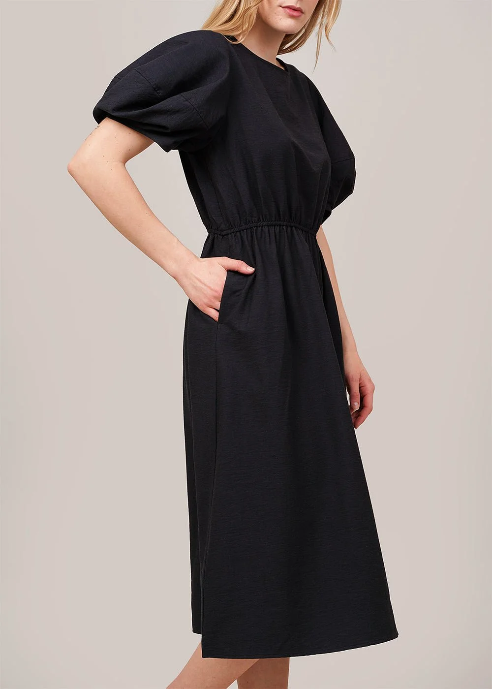 Navy Balloon Sleeve Midi Dress