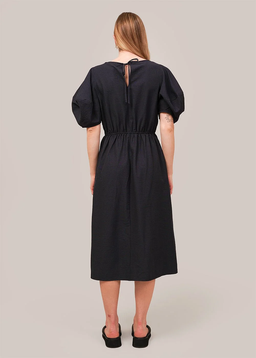 Navy Balloon Sleeve Midi Dress