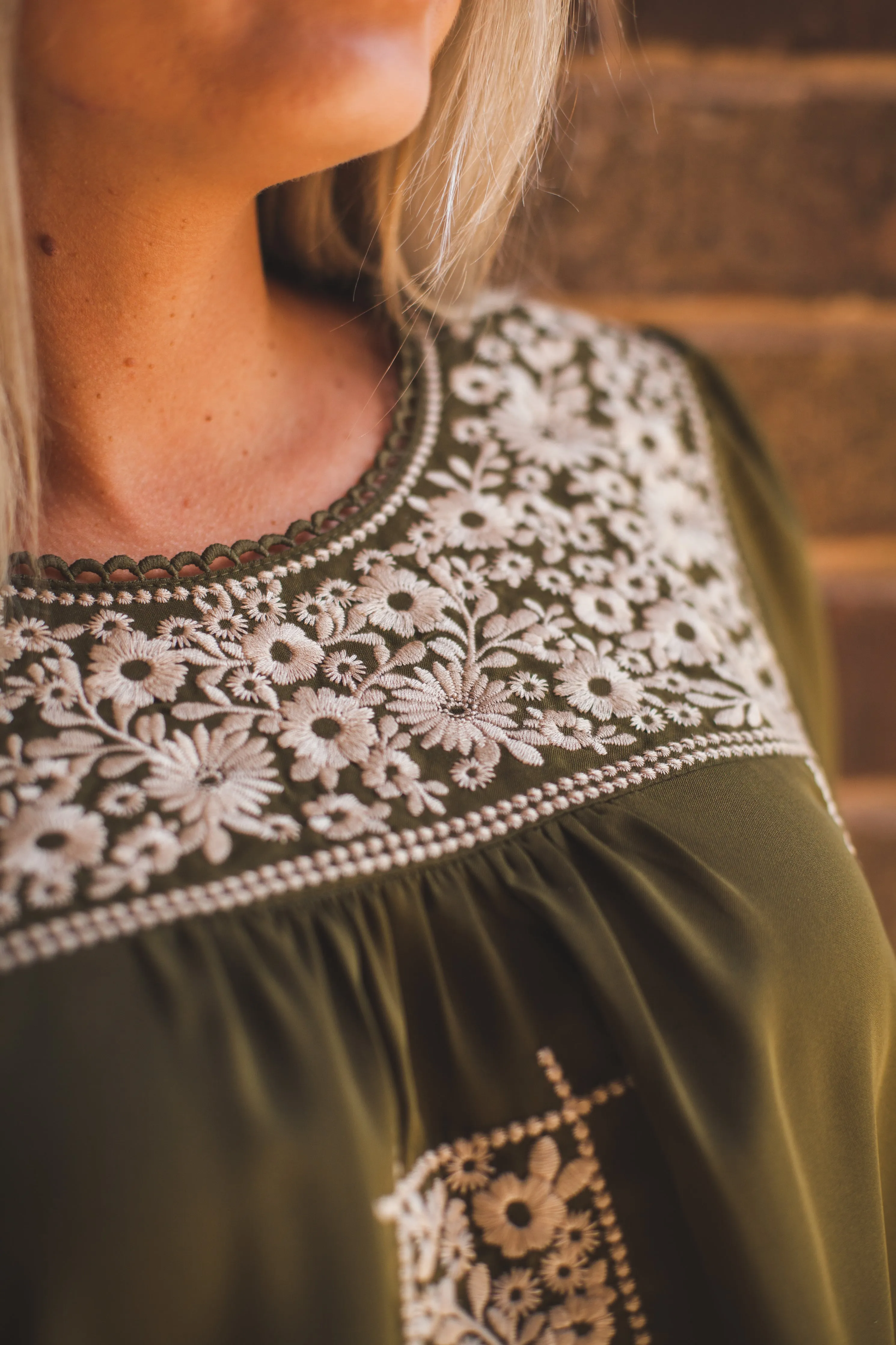 Olive and Cream Embroidered Long Sleeve Top