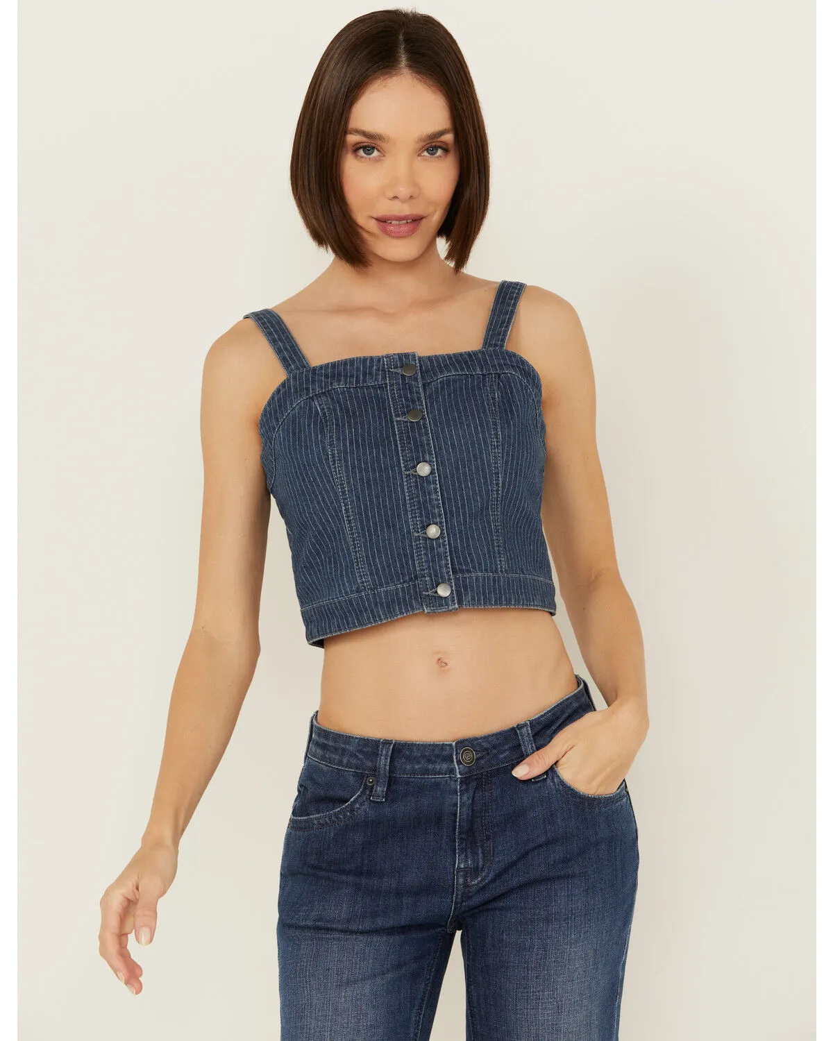 Product Name:  Rock & Roll Denim Women's Dark Wash Pinstripe Denim Corset Crop Top