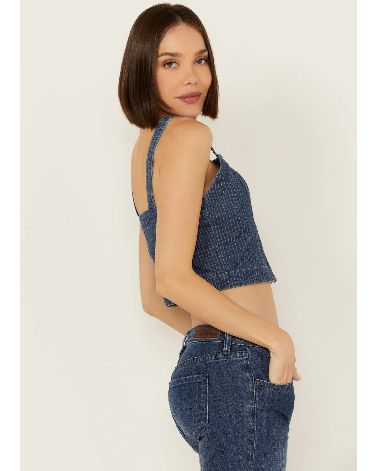 Product Name:  Rock & Roll Denim Women's Dark Wash Pinstripe Denim Corset Crop Top