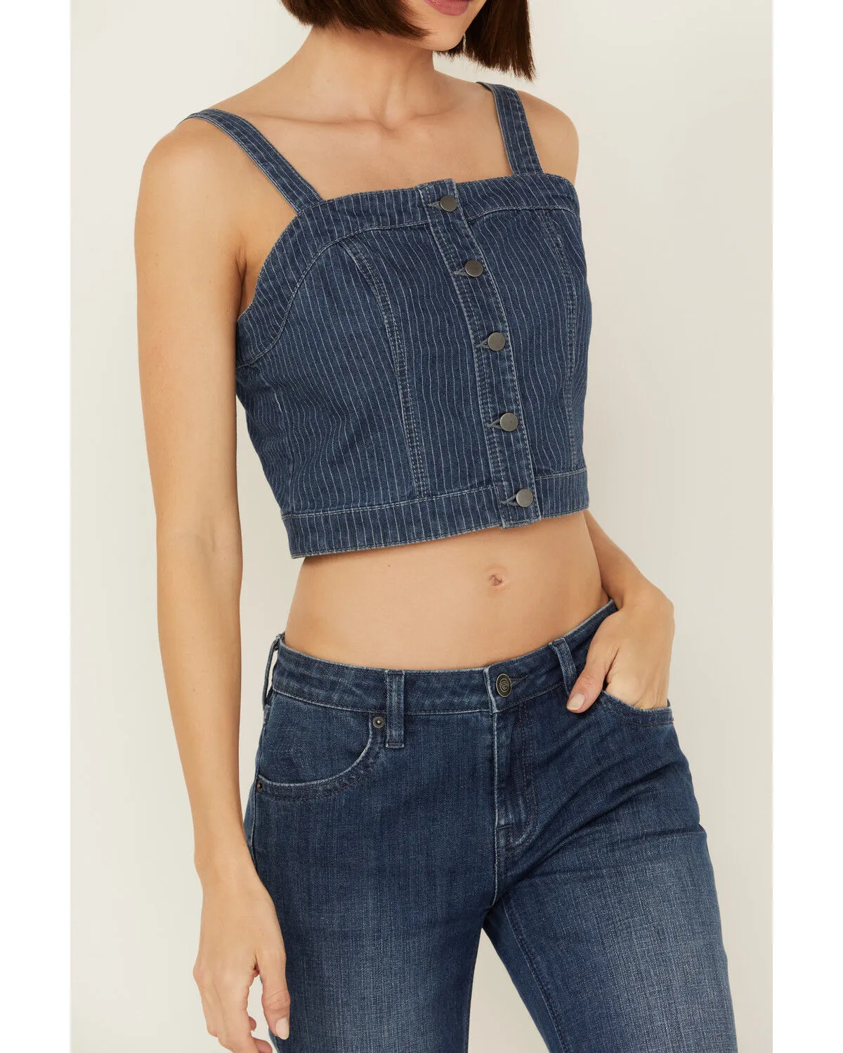 Product Name:  Rock & Roll Denim Women's Dark Wash Pinstripe Denim Corset Crop Top