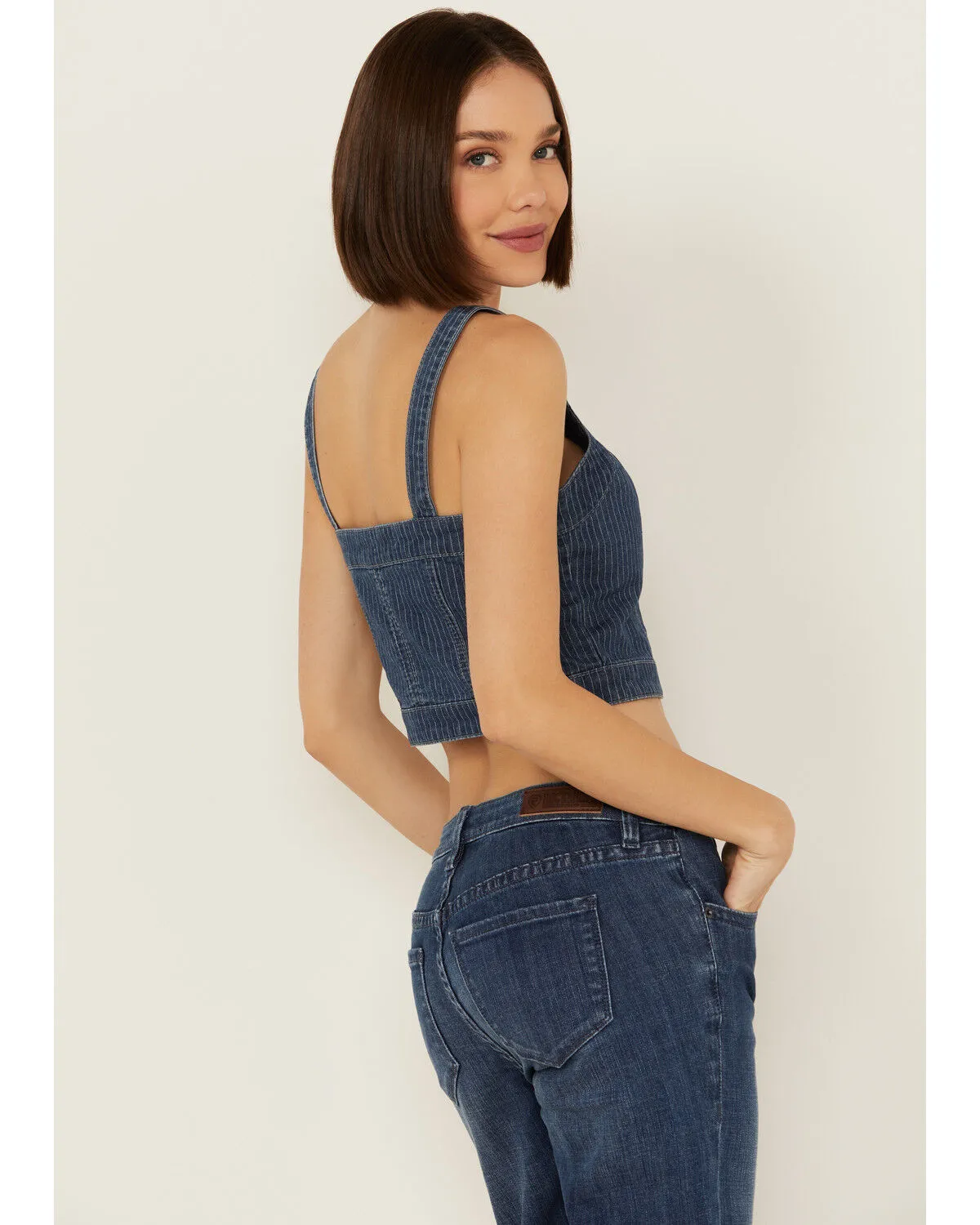 Product Name:  Rock & Roll Denim Women's Dark Wash Pinstripe Denim Corset Crop Top