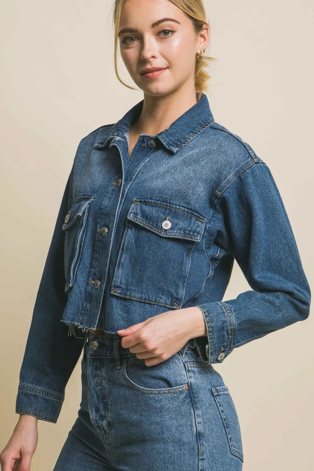 Raw Hem Button Up Cropped Denim Jacket