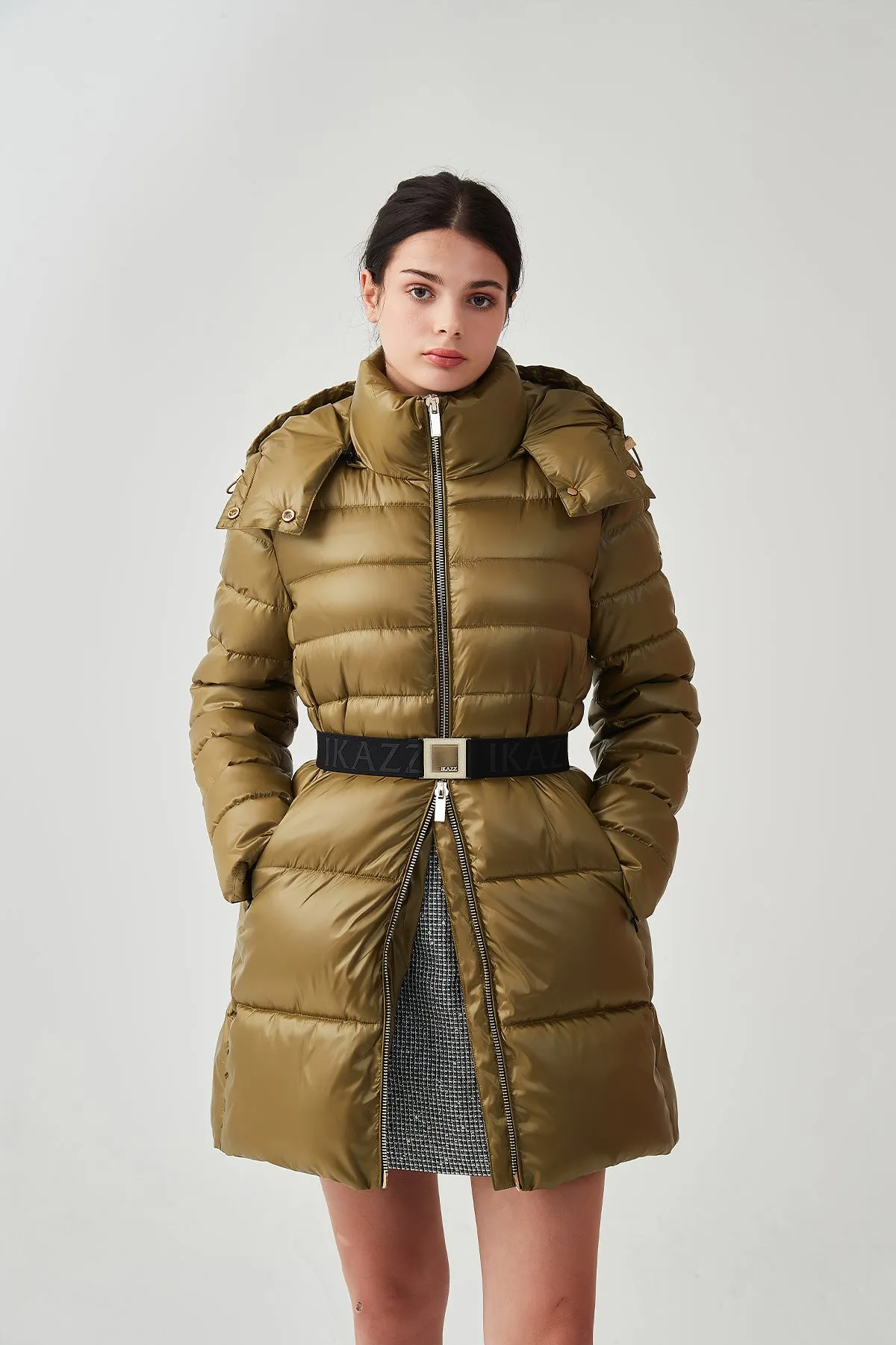 Shiny Belted Mid Length Puffer Coat with Hood