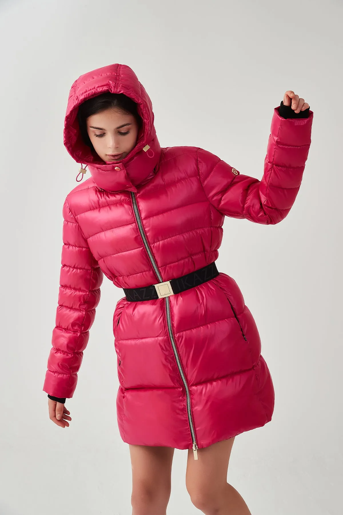 Shiny Belted Mid Length Puffer Coat with Hood