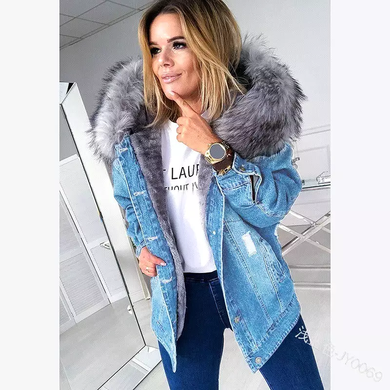 Slim Fit Fleece Lined Faux Fur Hooded Denim Jacket for Women (4 colors)