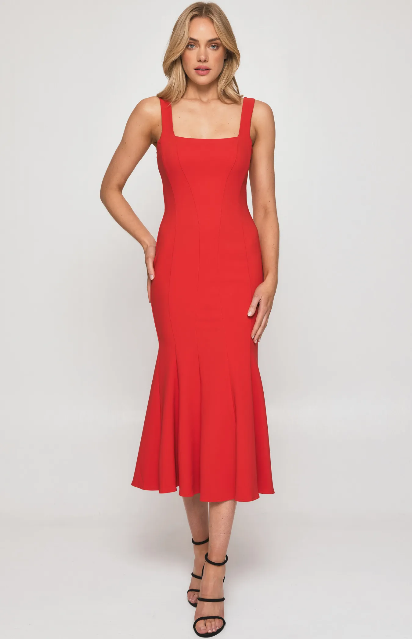 Square Neckline Fishtail Midi Dress with Panel Detailing (SDR1250A)