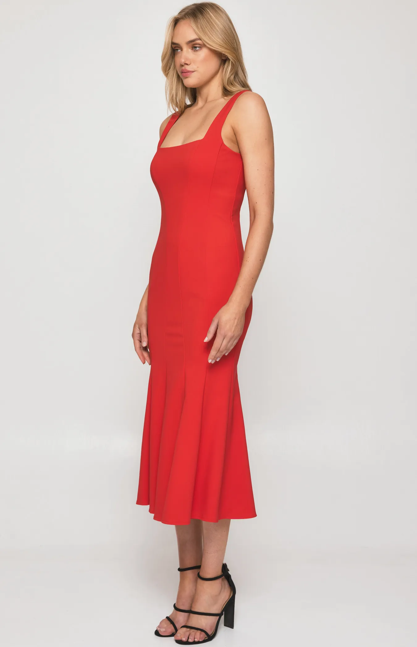 Square Neckline Fishtail Midi Dress with Panel Detailing (SDR1250A)