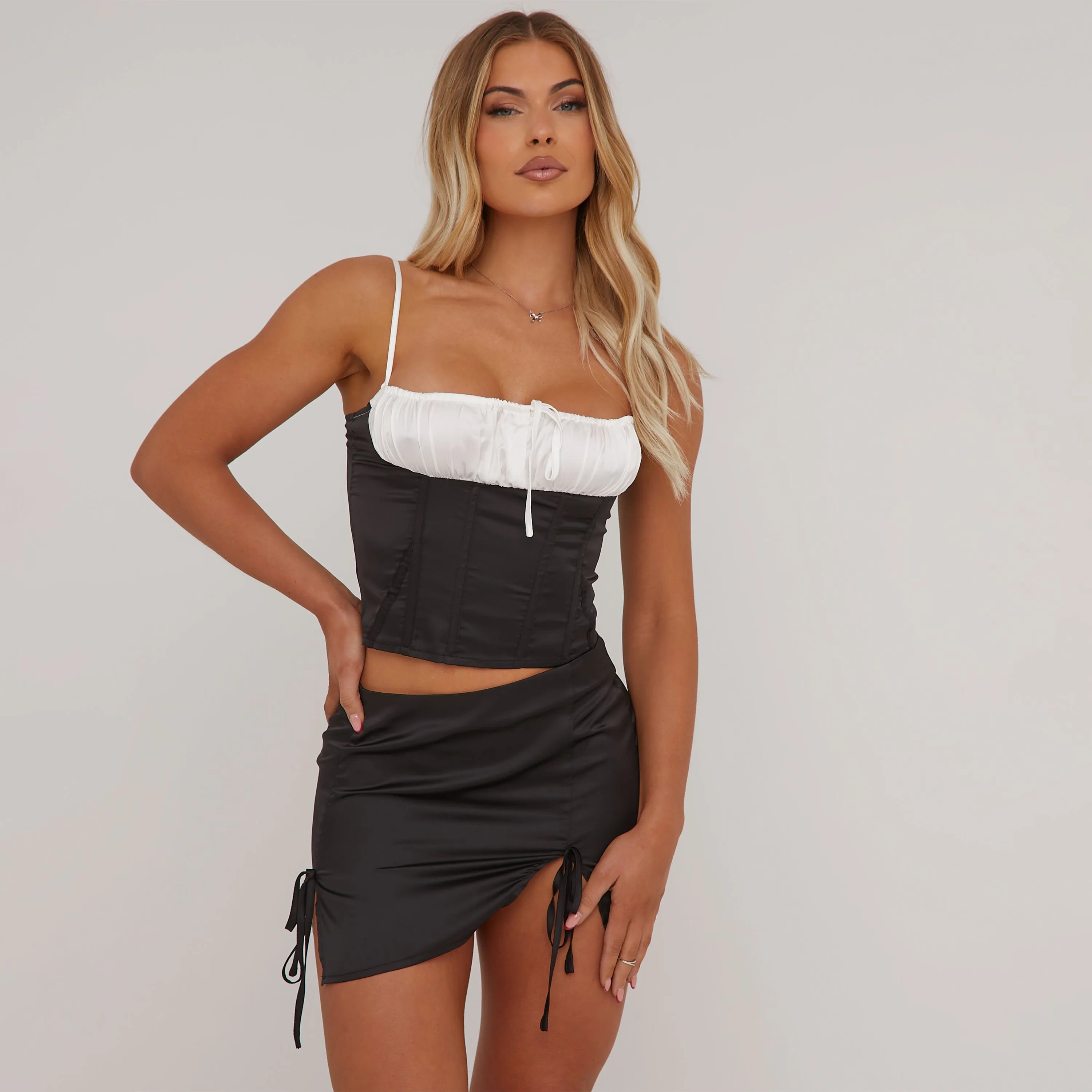 Strappy Contrast Tie Front Detail Cropped Corset Top In Black Satin