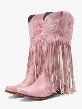 Suede Pink Western Boots Women Pointed Toe Tassle Cowgirl Boots