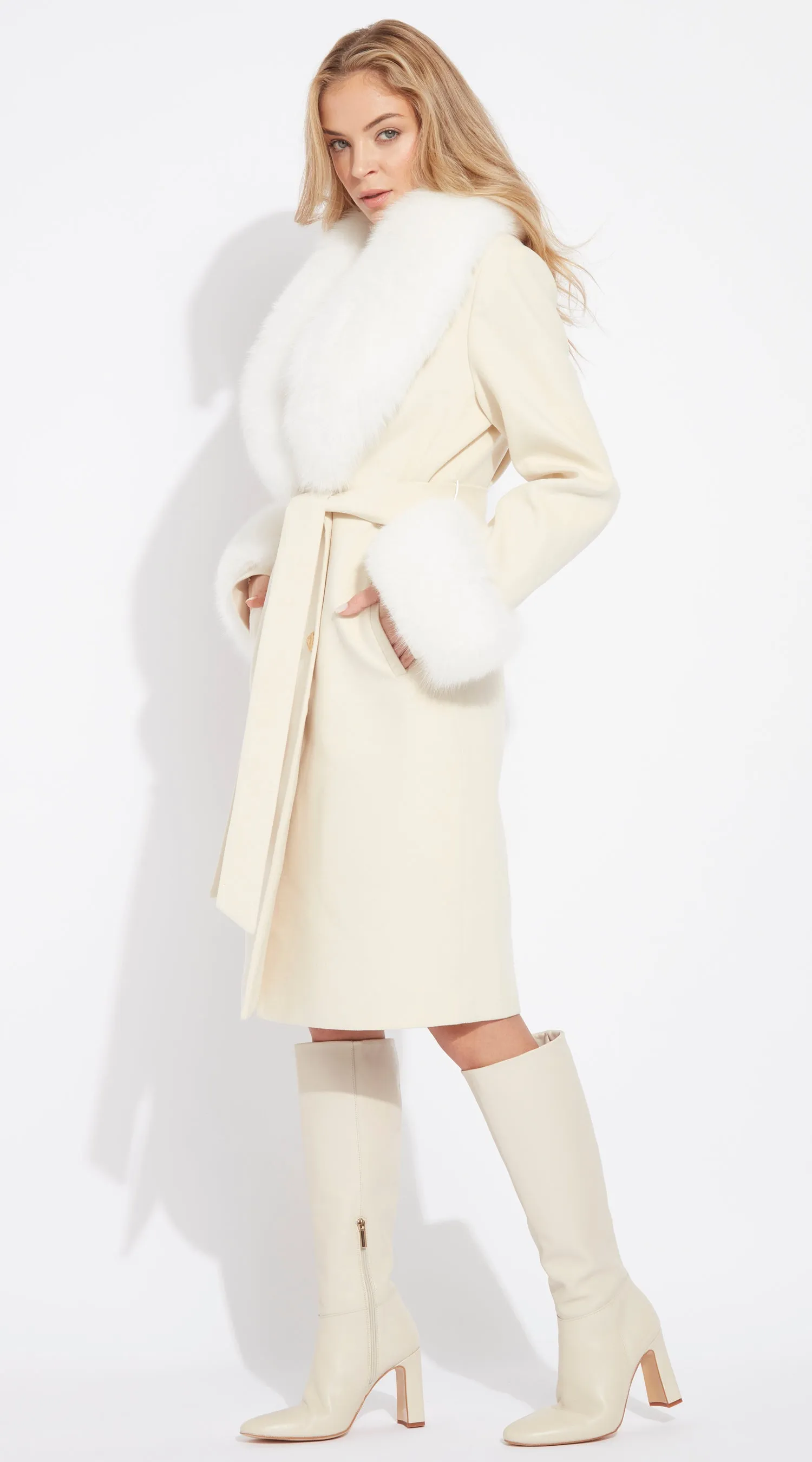 Supreme Luxy Cashmere & Fox Fur Belted Coat - Buttermilk