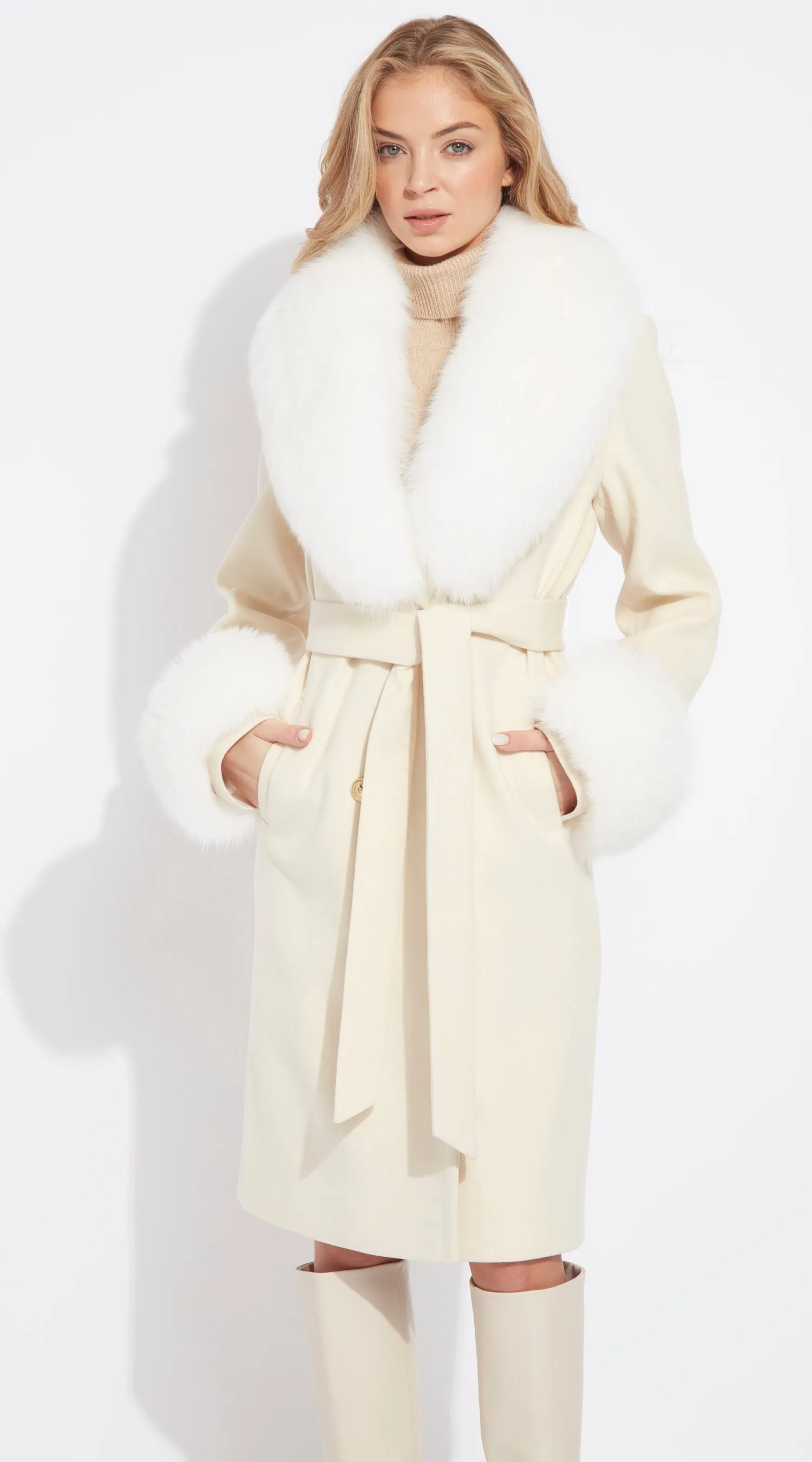 Supreme Luxy Cashmere & Fox Fur Belted Coat - Buttermilk