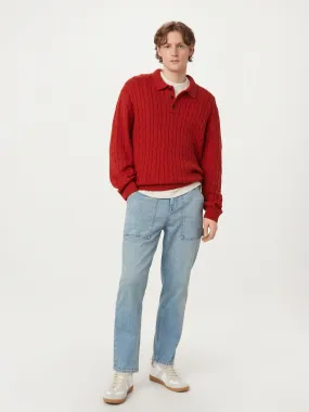 The Cable Knit Polo Sweater in Red