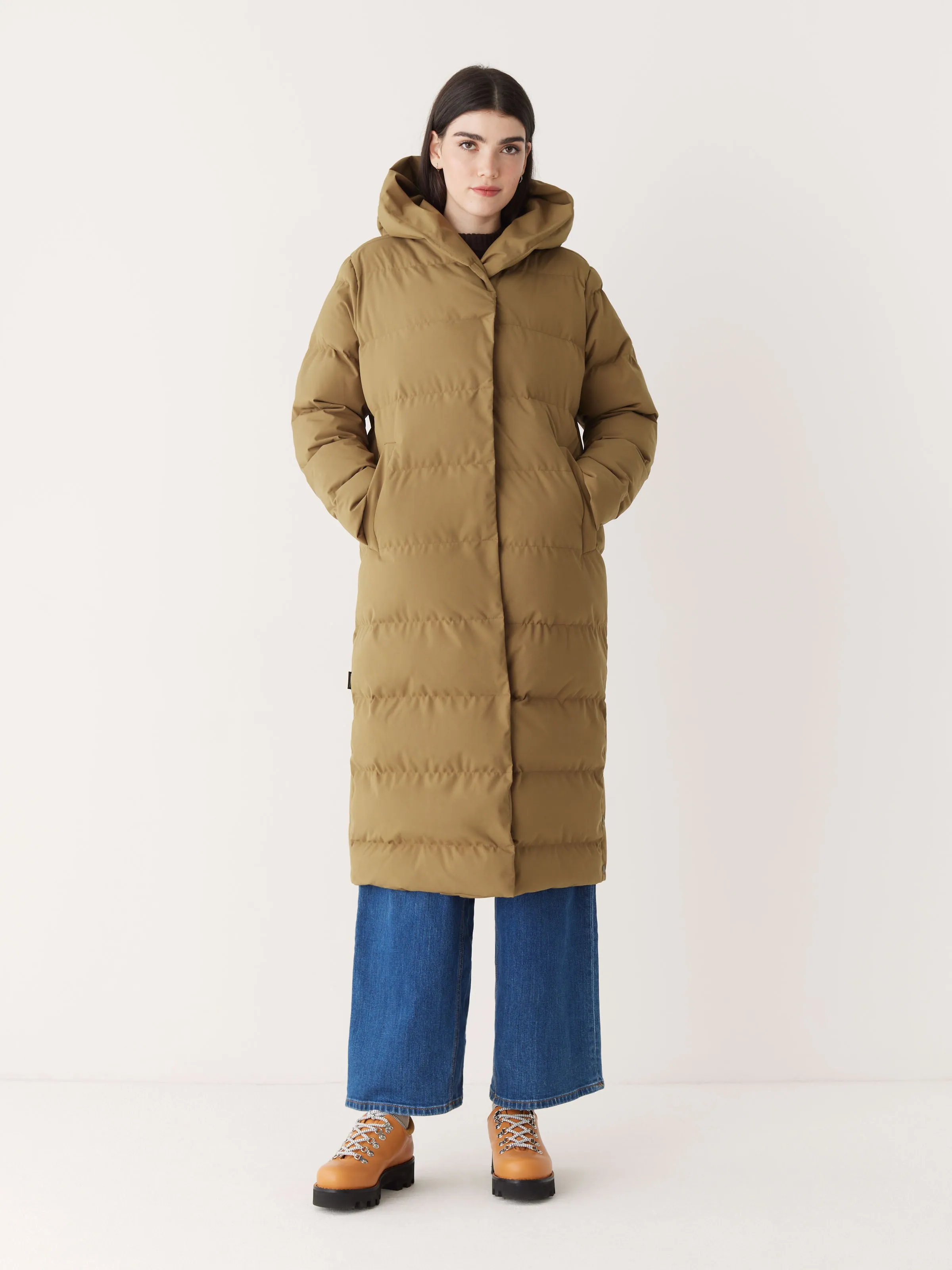 The Highland Long Puffer Coat in Amber Brown