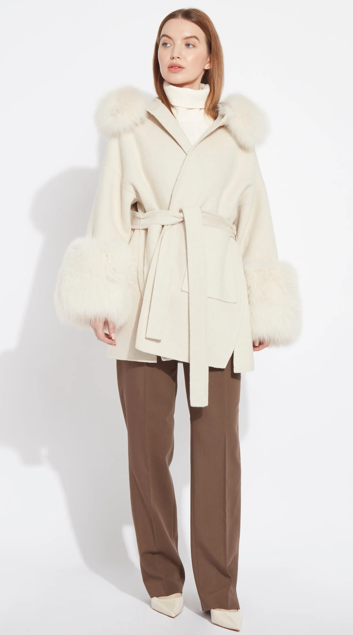 The London Cashmere & Fox Fur Belted/Cuffed Coat - Buttermilk