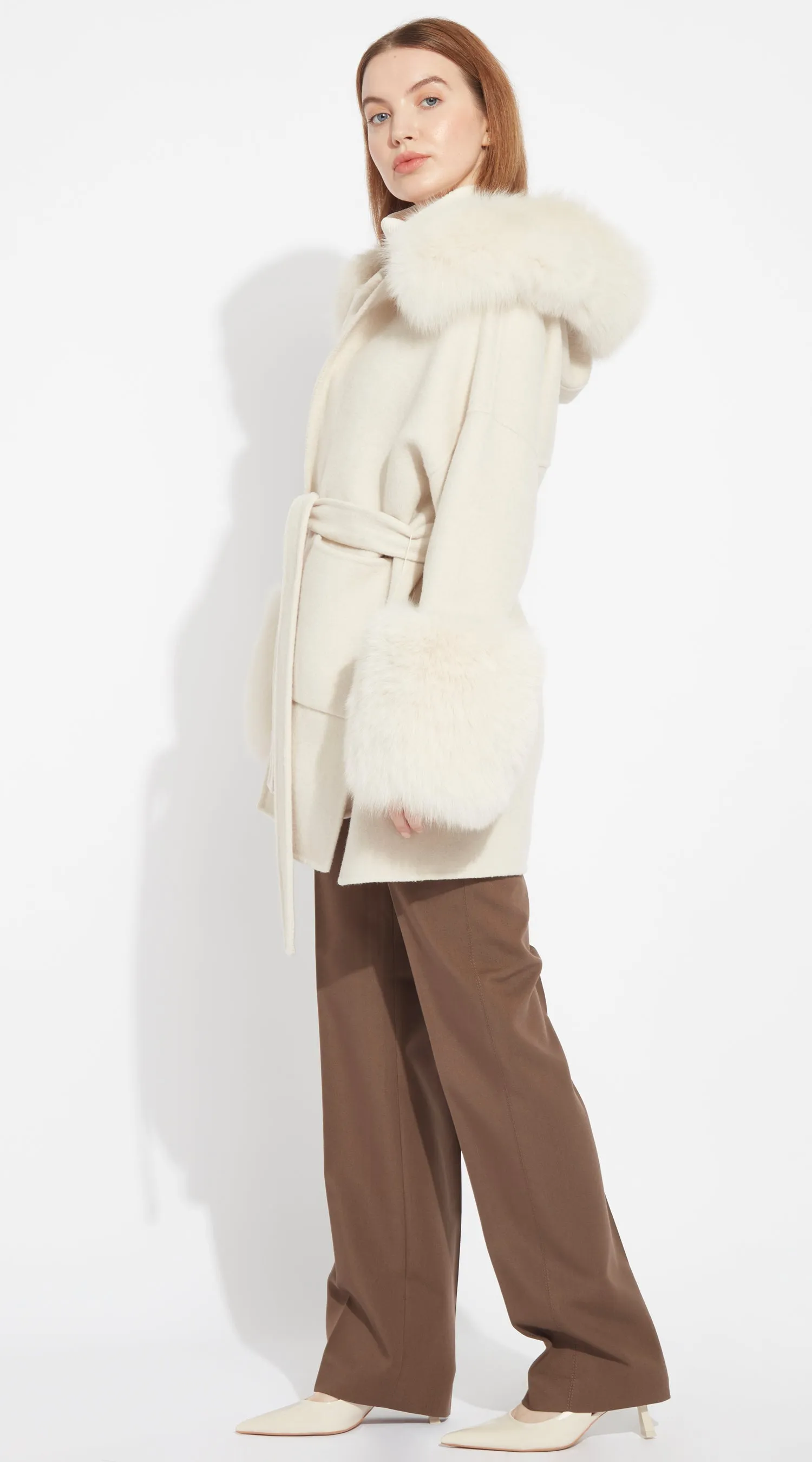 The London Cashmere & Fox Fur Belted/Cuffed Coat - Buttermilk