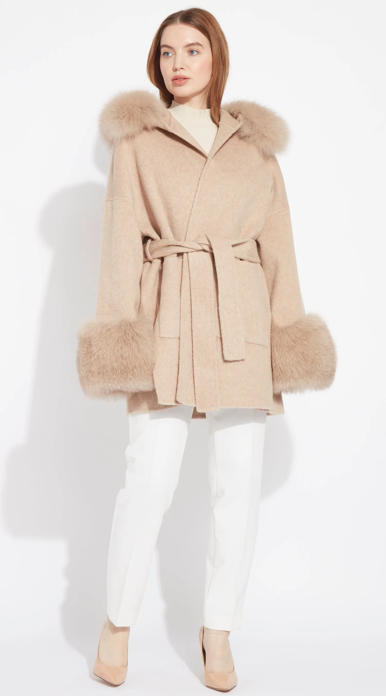 The London Cashmere & Fox Fur Belted/Cuffed Coat - Golden Beige