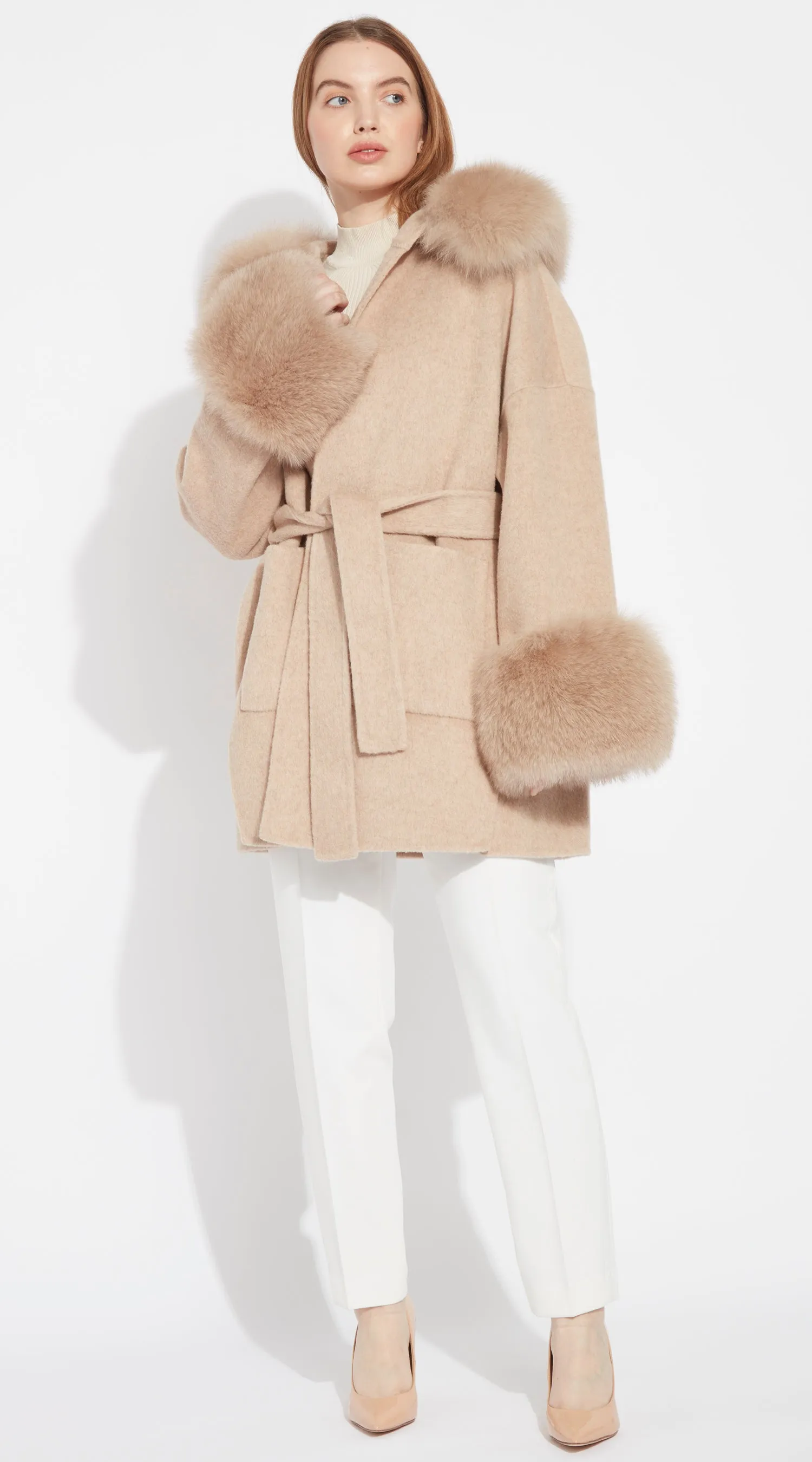 The London Cashmere & Fox Fur Belted/Cuffed Coat - Golden Beige