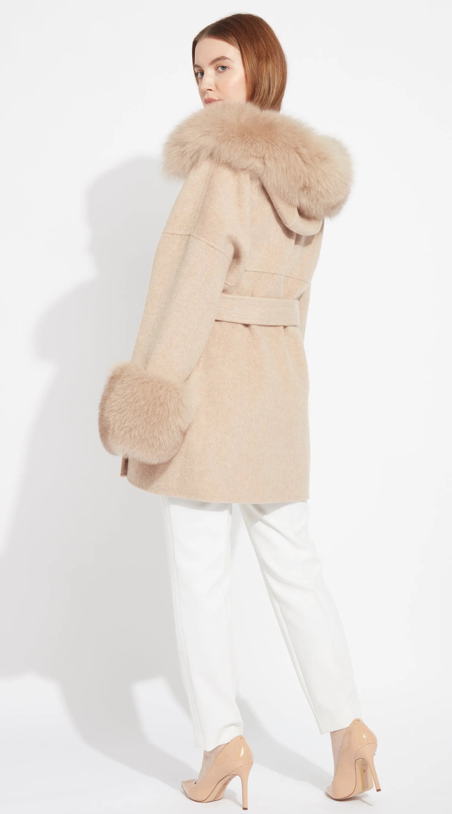 The London Cashmere & Fox Fur Belted/Cuffed Coat - Golden Beige