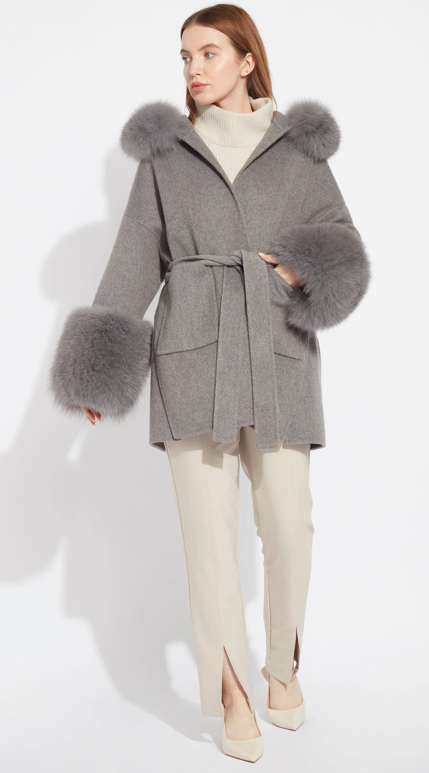 The London Cashmere & Fox Fur Belted/Cuffed Coat - Grey