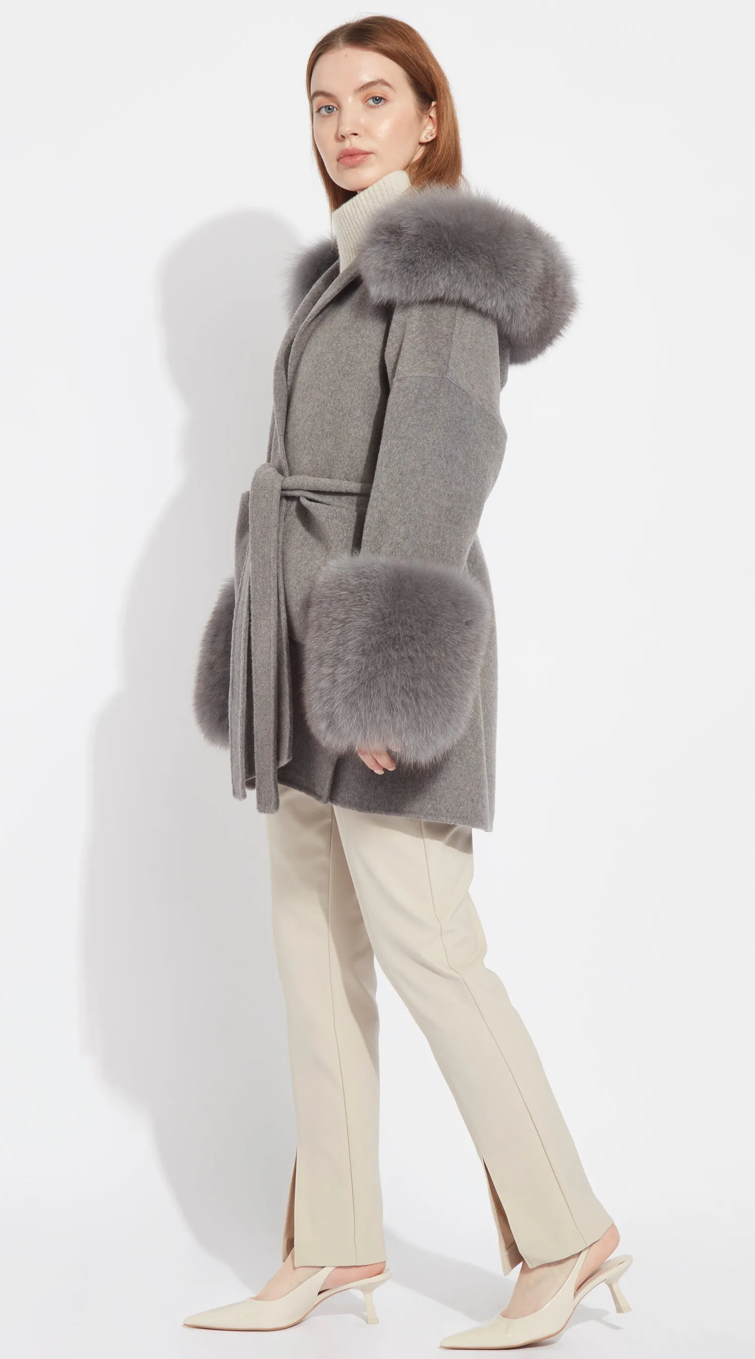 The London Cashmere & Fox Fur Belted/Cuffed Coat - Grey