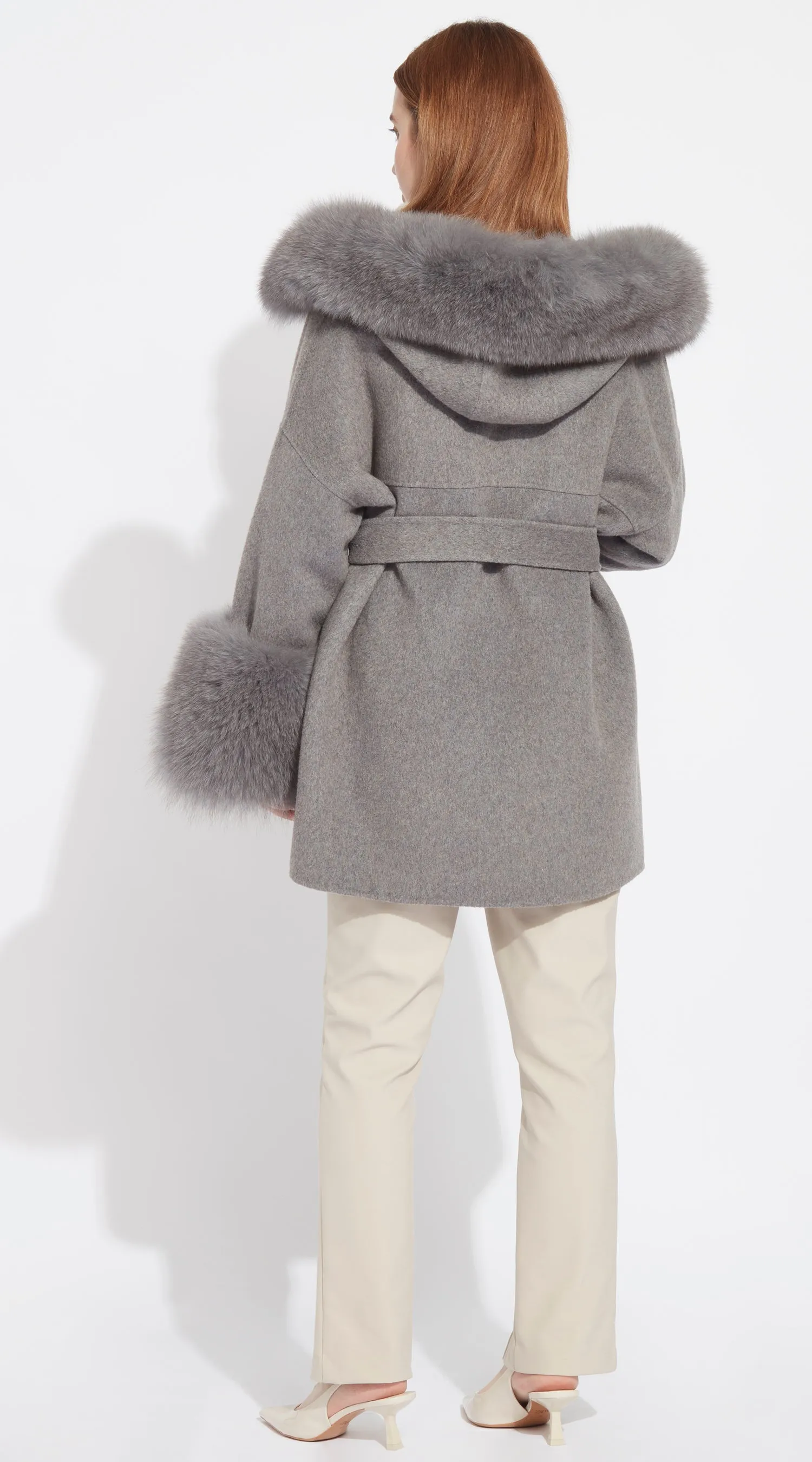 The London Cashmere & Fox Fur Belted/Cuffed Coat - Grey