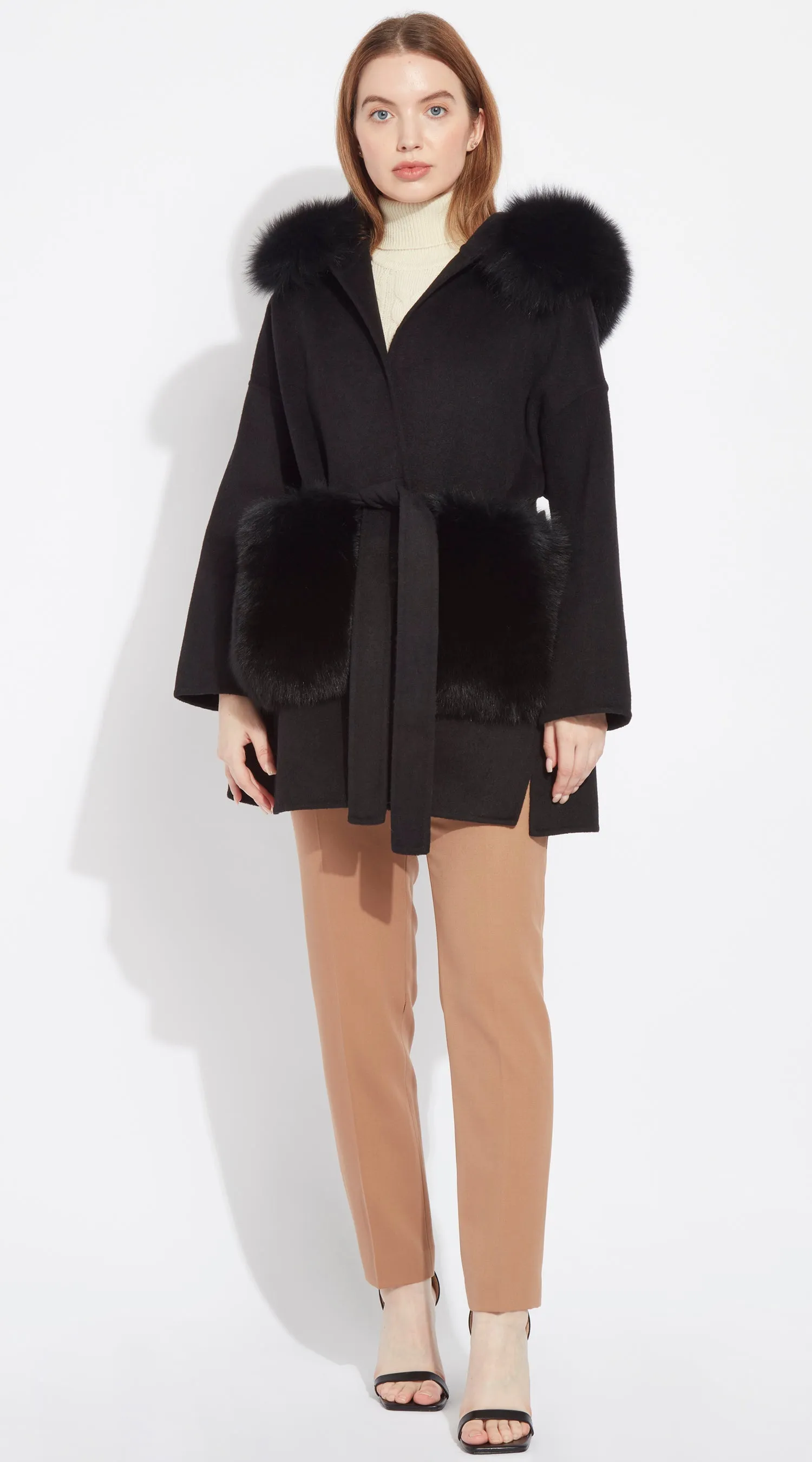 The London Cashmere & Fox Fur Hood & Pockets Belted Coat - Black