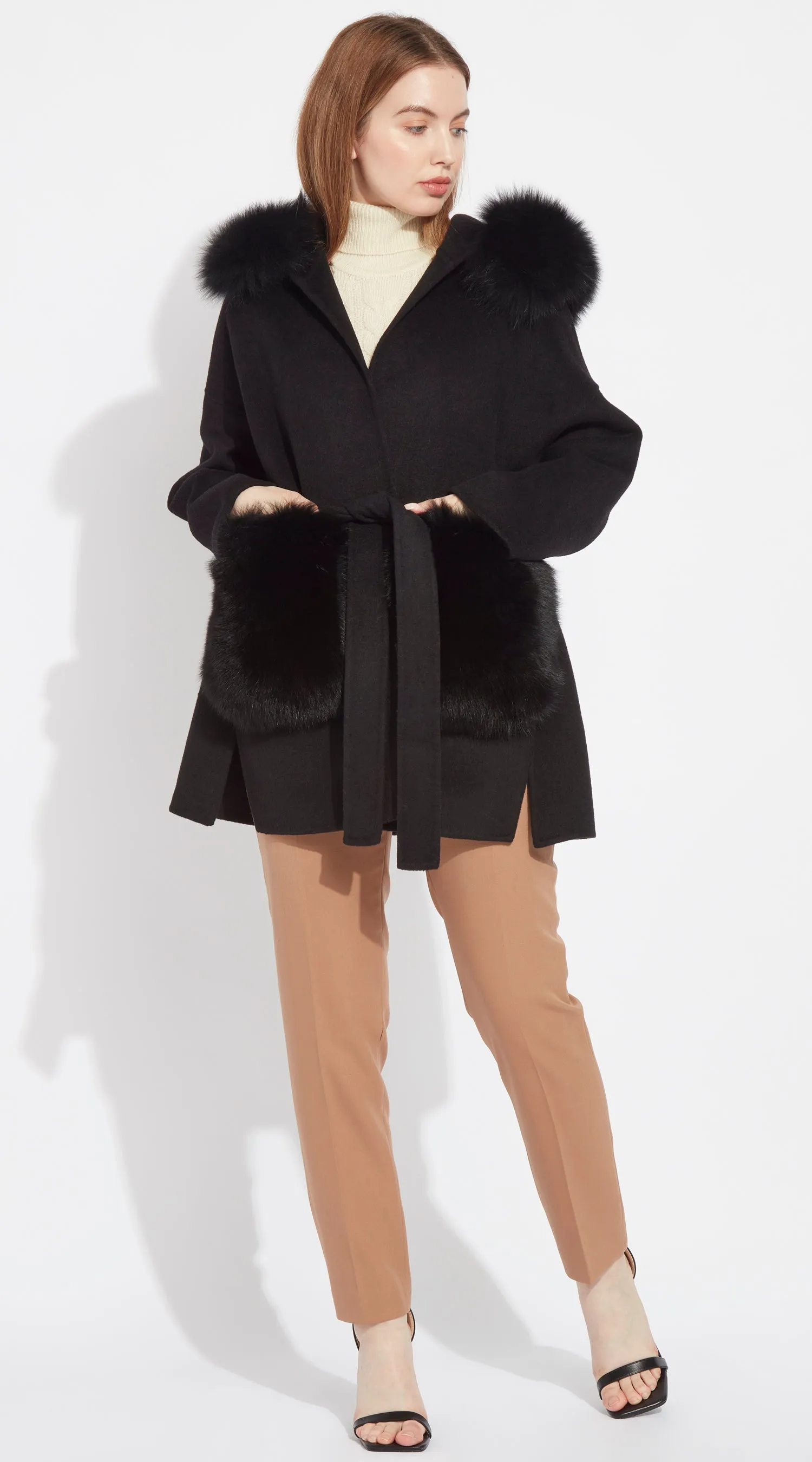 The London Cashmere & Fox Fur Hood & Pockets Belted Coat - Black