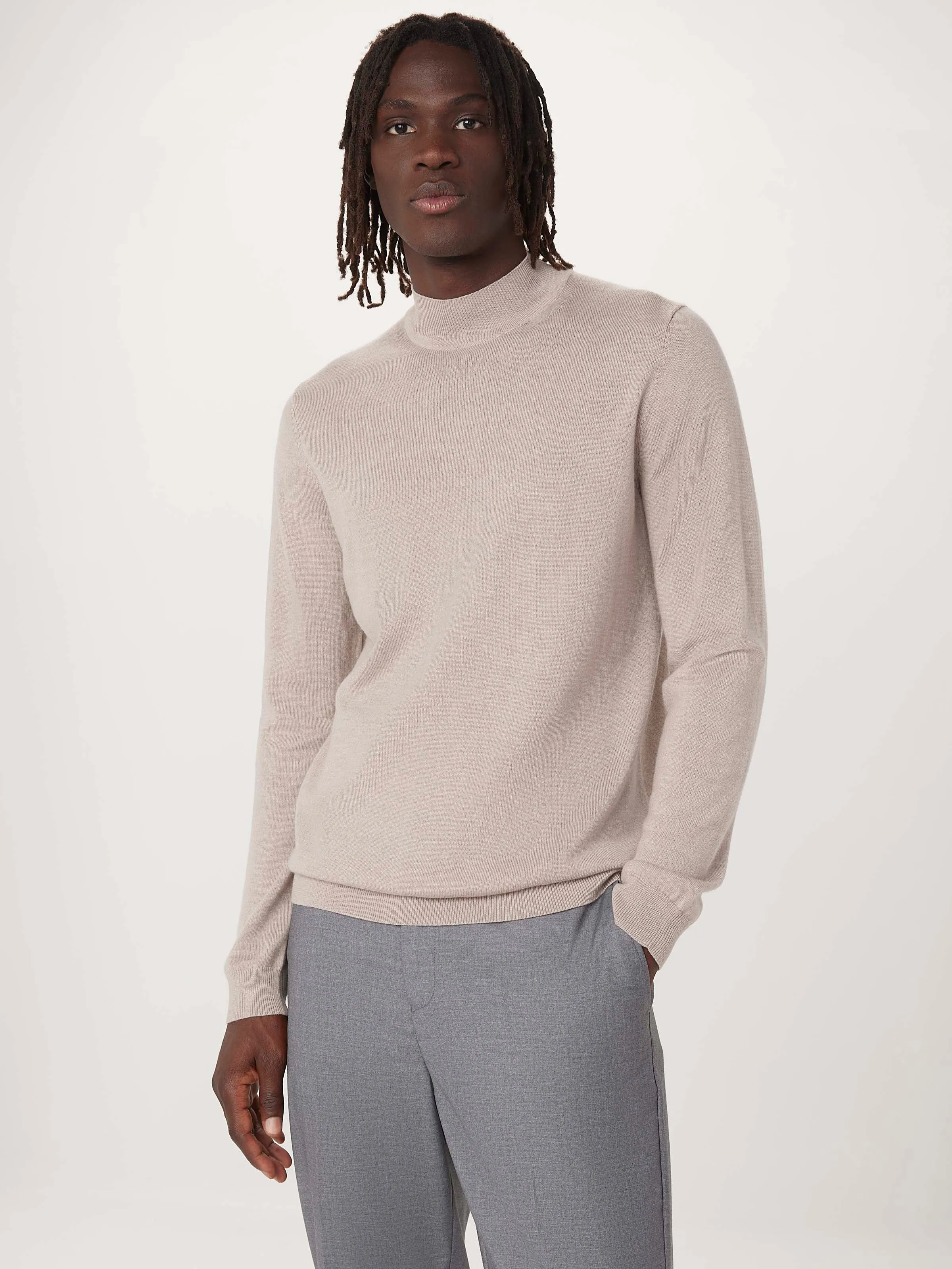 The Merino Mock Neck Sweater in Light Beige