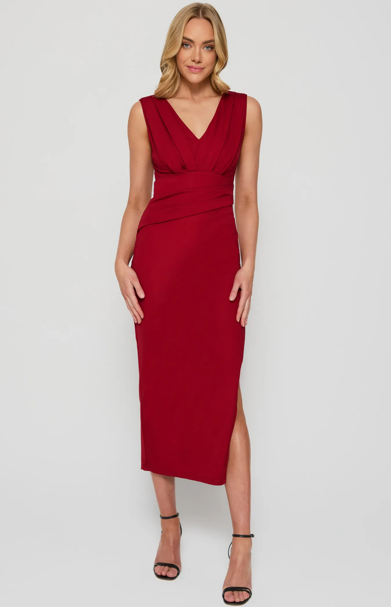 V Neckline Stretch Midi Dress with Pleated Details (SDR1321A)