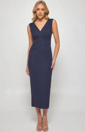 V Neckline Stretch Midi Dress with Pleated Details (SDR1321A)